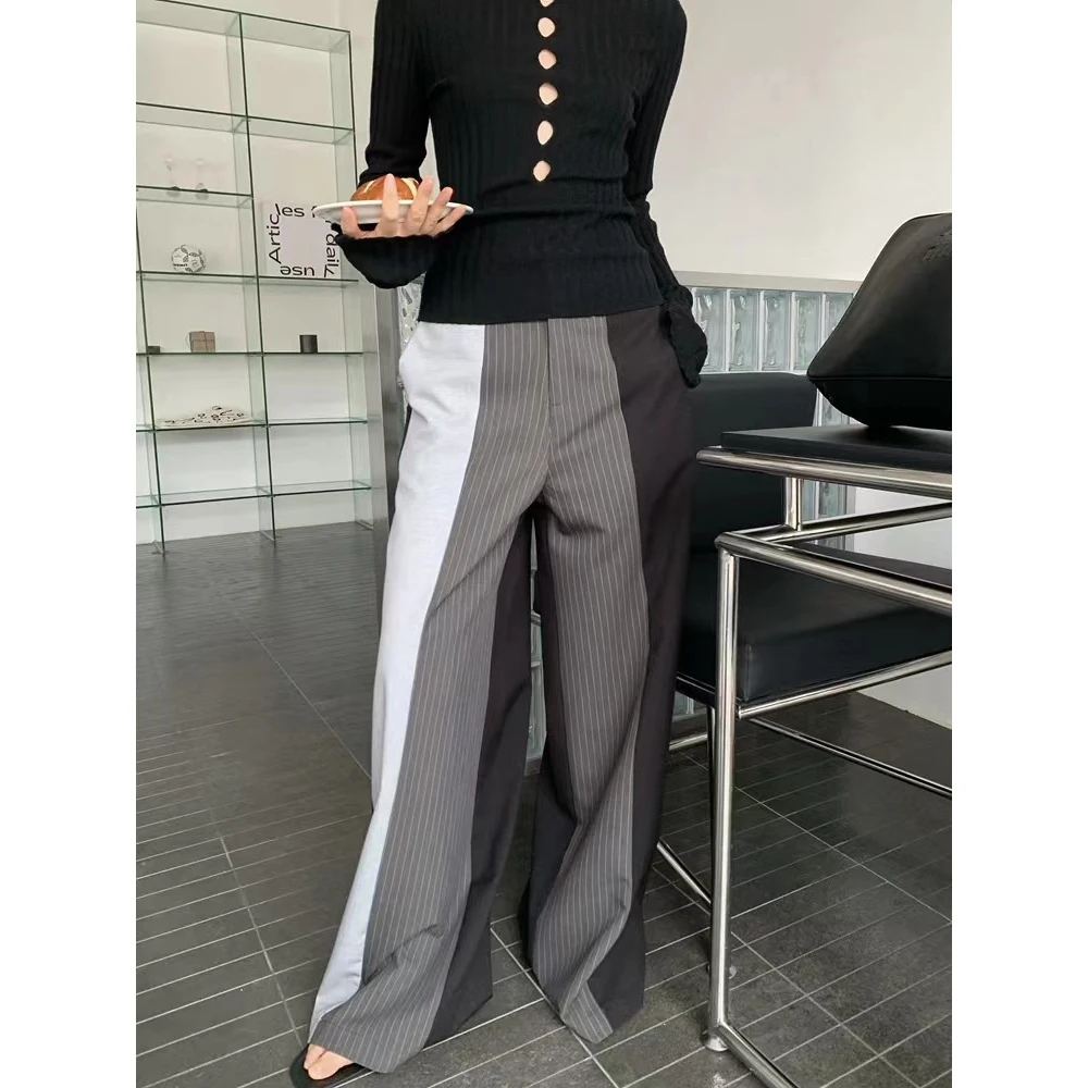 Calças de perna larga elegantes mulheres senhora do escritório formal negócios blazers calças retas listrado três cores costura retalhos folga
