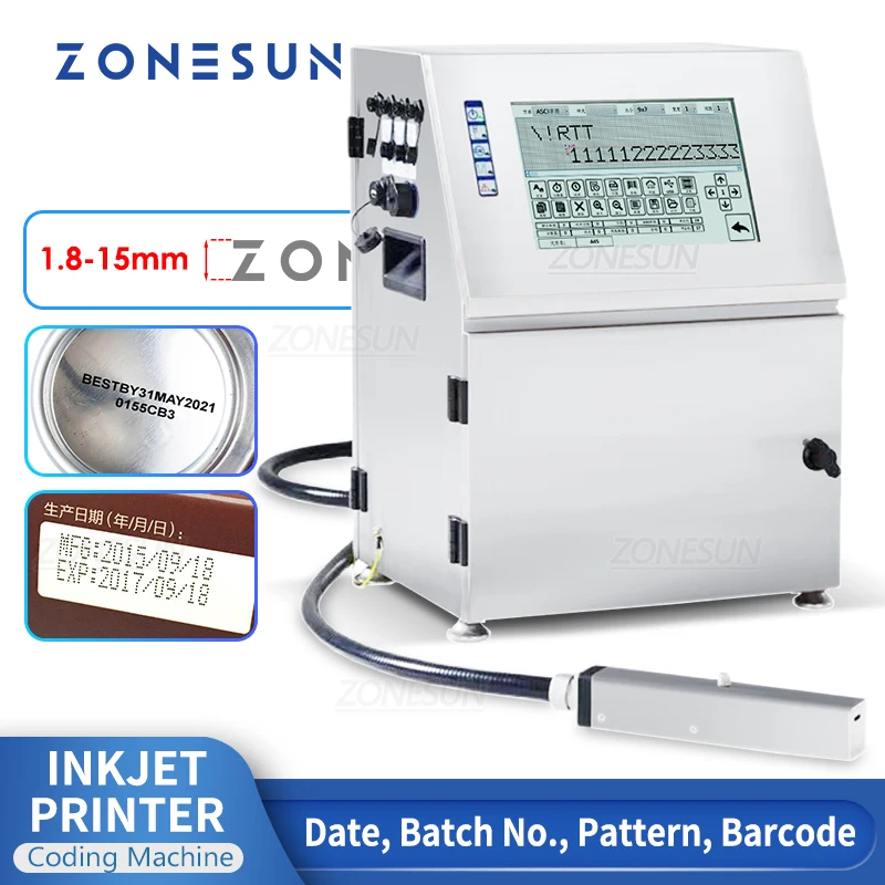 ZONESUN سطح الطاولة النافثة للحبر ماكينة تدوين التاريخ 15 مللي متر طابعة متعددة اللغات شاشة تعمل باللمس QR الباركود دفعة انتهاء الصلاحية الرقم التسلسلي شعار