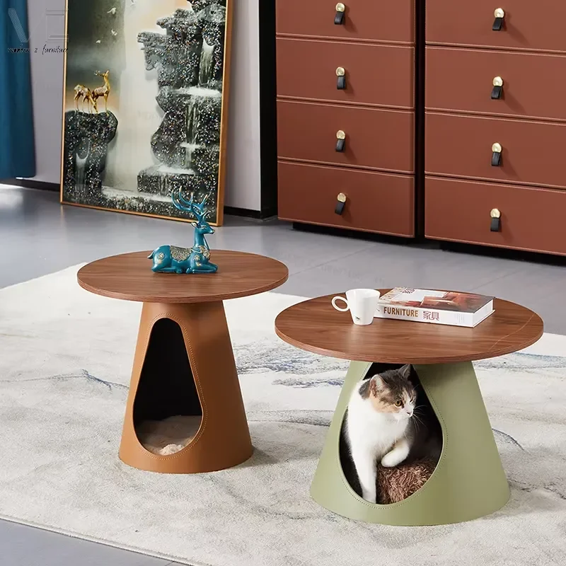 Juego de Mesas Auxiliares Multifuncionales de Cuero, Muebles para el Hogar, Cama para Gatos, Mesa de Centro para Sala de Estar con Cama para Gatos