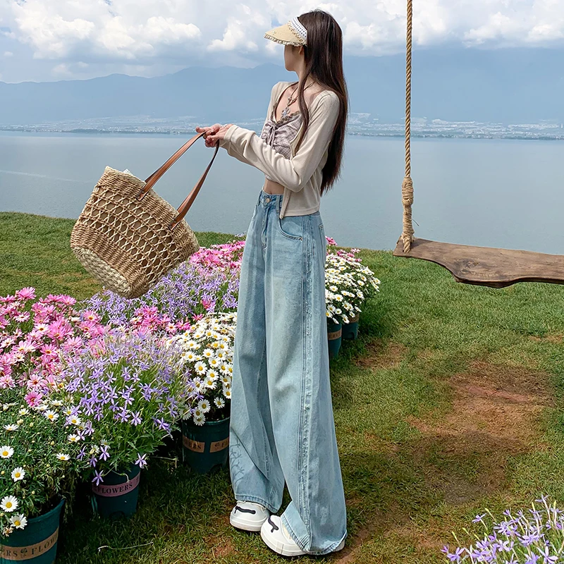 Jeans For Women Straight Leg Denim Pants 2026 Spring Fashion Wide Bottom Trousers Classic Blue Vintage Long Length Comfort Fit