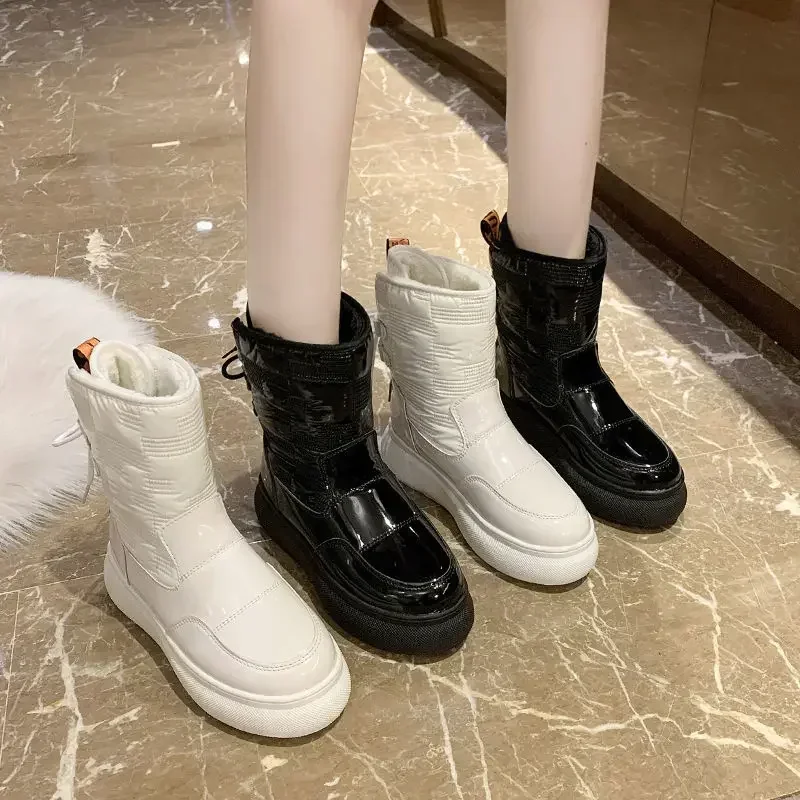 White Padded Snow Boots Woman Chunky Winter Shoes for Women Mid Calf Warm Ankle Waterproof 2025 New Female PU Plush Booties Goth