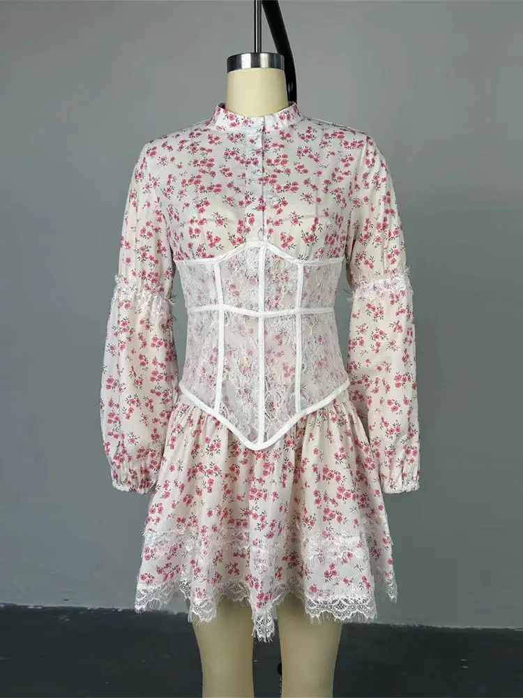 Damen-Minikleider mit Aufdruck, Taillenschnürung, Laternenärmeln, Kurzkleid mit O-Ausschnitt, Spitzen-Patchwork, Schlanker Schnitt, Partykleidung, Neu – Detail 7