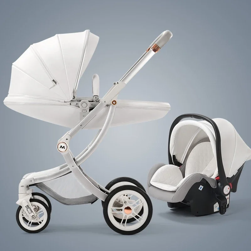 New Luxury Baby Stroller 3 In 1,Baby Carriage with Car Seat,Eggshell Newborn Baby Stroller Leather Baby Carriage High Landscape