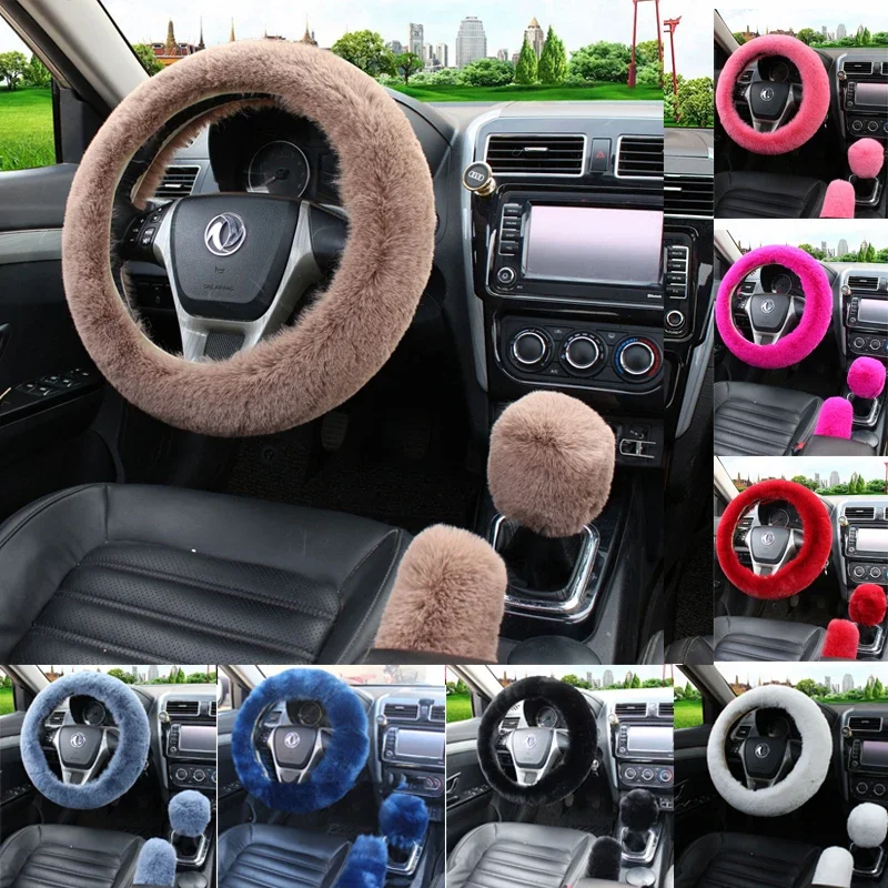 

Men Women Warm Plush Car Steering Wheel Cover Winter Universal 36cm Soft Fluffy Handbrake Shift Cover Auto Interior Accessories