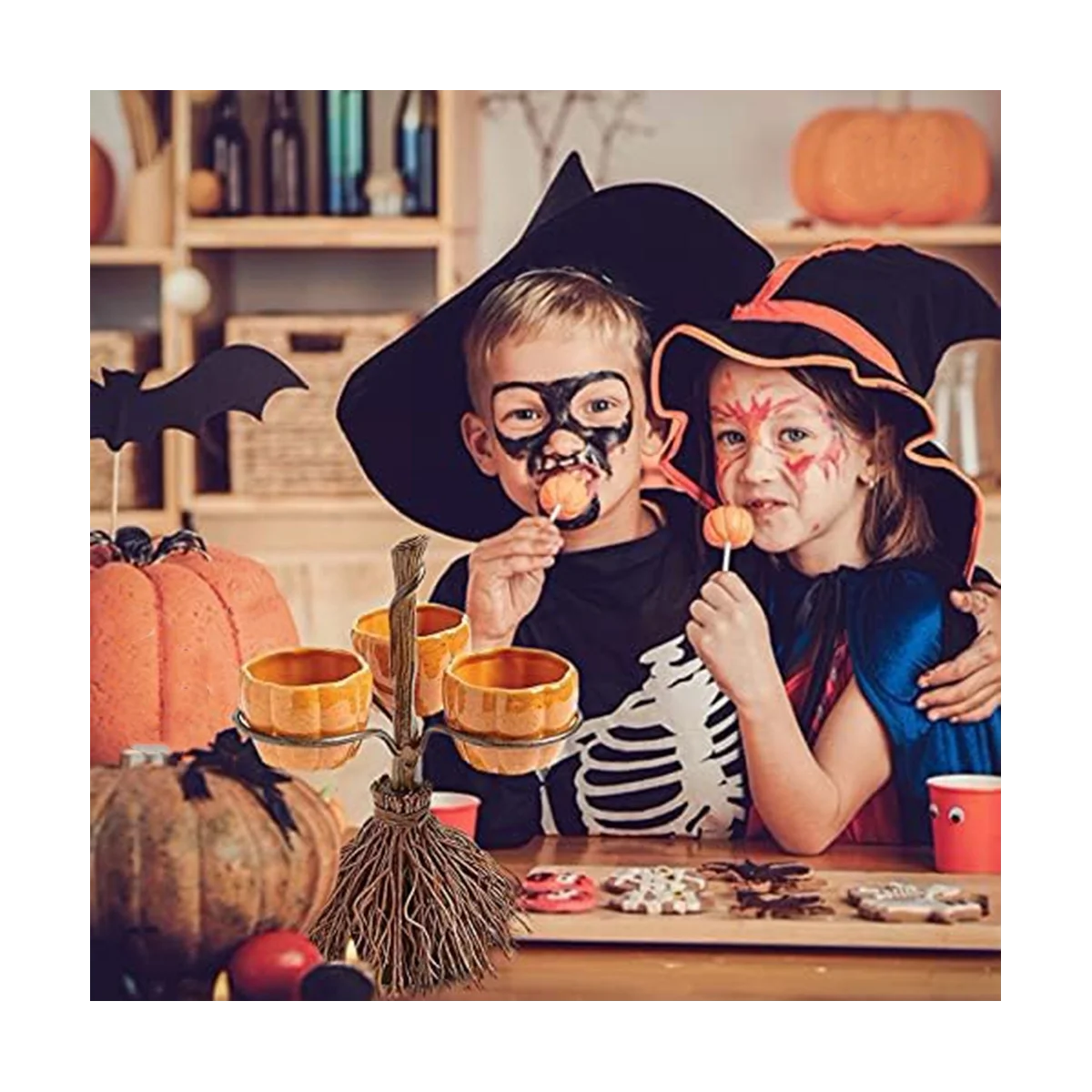 Cute Halloween Resin Pumpkin Bowls on Broom for Serving Fruit Salad Snacks Halloween Party