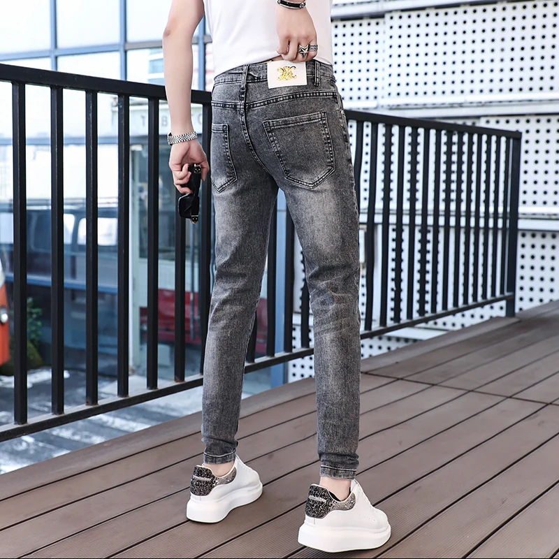 Personalized tide high-end embroidery men's jeans summer thin versatile Slim small feet trend casual gray men's pants