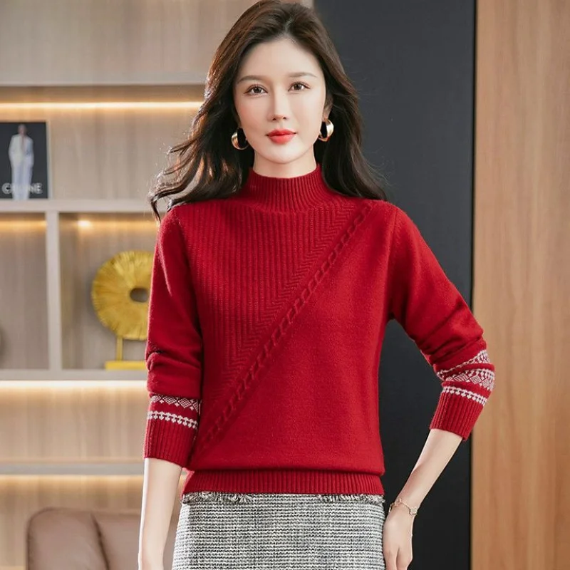 2023 New Women Jacket Autumn Winter Woollen Sweater Cashmere Half Turtleneck Thickened Wool Knitting Loose Looks Thin Trend