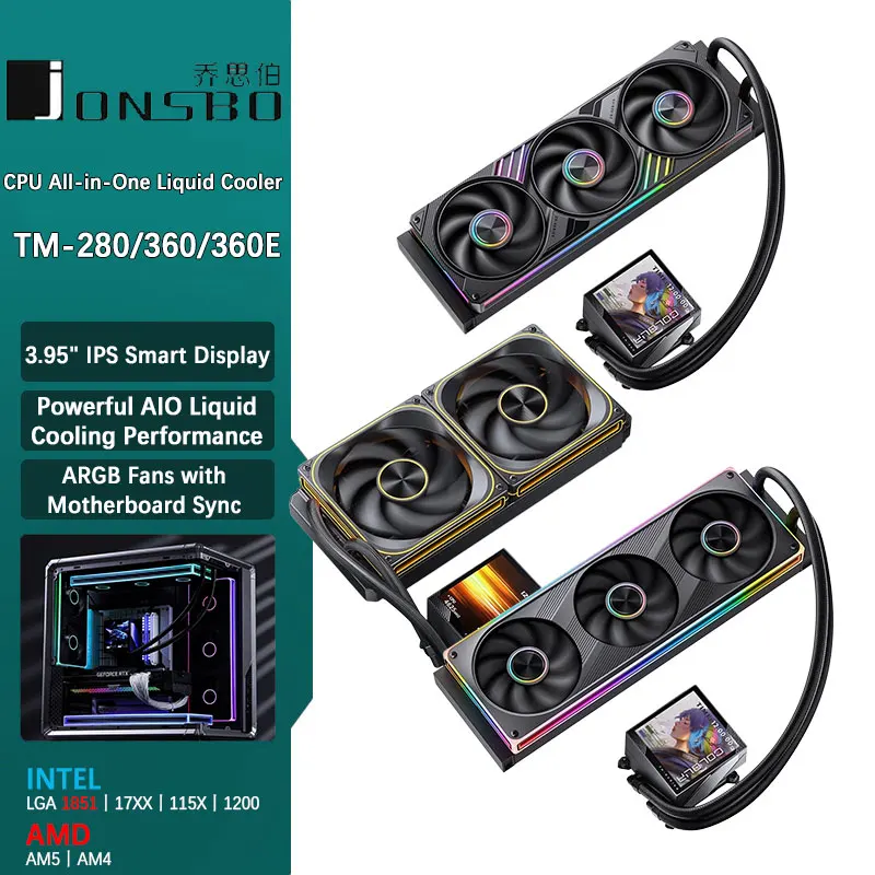 JONSBO TM Series AIO Water Cooler 360/280mm 3.95" IPS Screen CPU Liquid Cooler ARGB Fans Magnetic Display Pump AM5 AM4 1700 1850