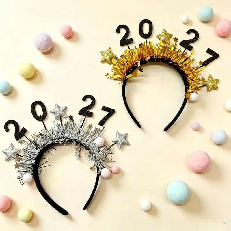 2pcs 2027 number headband star streamer new year party hair hoop christmas carnival eve party decorative head accessory