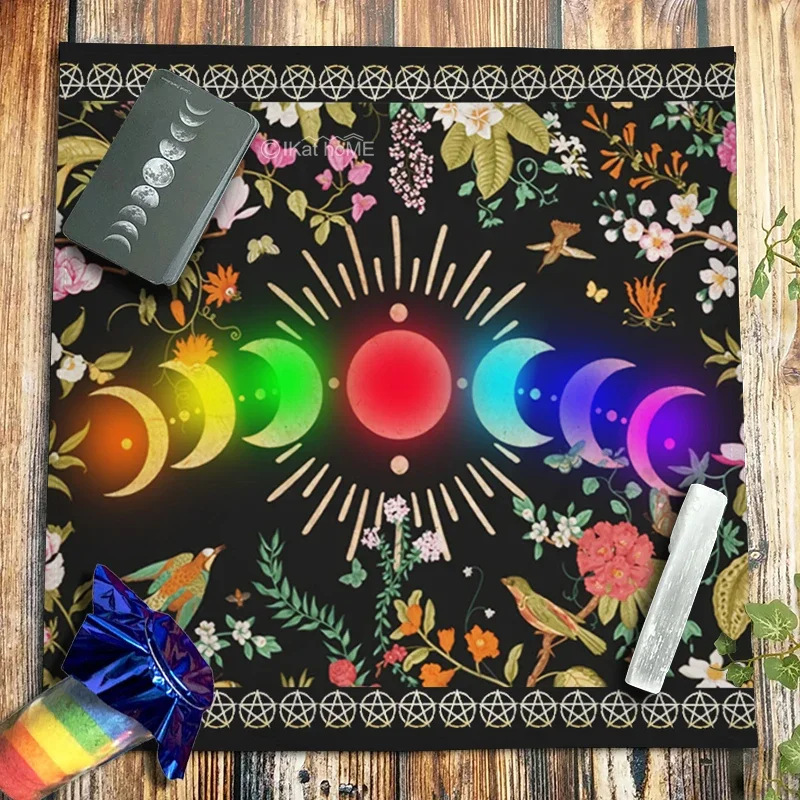 Pentagram Triple Moon Phase Altar Cloth Rainbow Flower Plant Velvet Tarot Tablecloth Oracle Card Pad Divination Witchcraft Mats