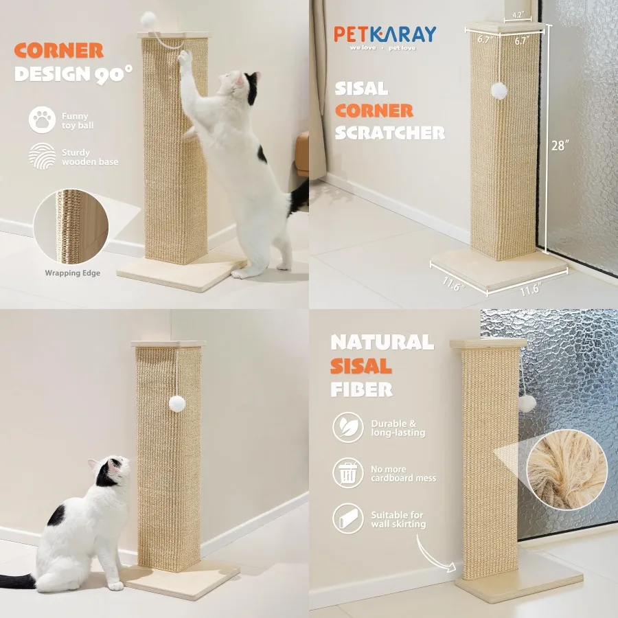 

28'' Corner Cat Scratcher for Sofa and Wall Furniture Protection with Sisal Scratch Pad and Toy Ball Ideal Indoor Cat Scratchin