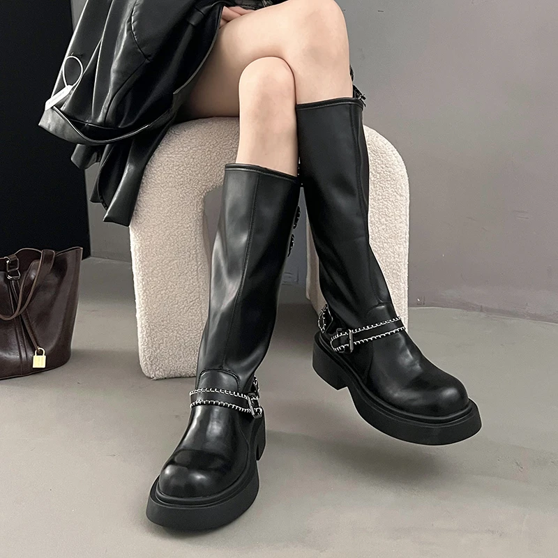 New Winter Thick Heel Cotton Boots Women's Round Head Sleeve Belt Buckle Thick Sole Anti-slip Wear-resistant High Boots