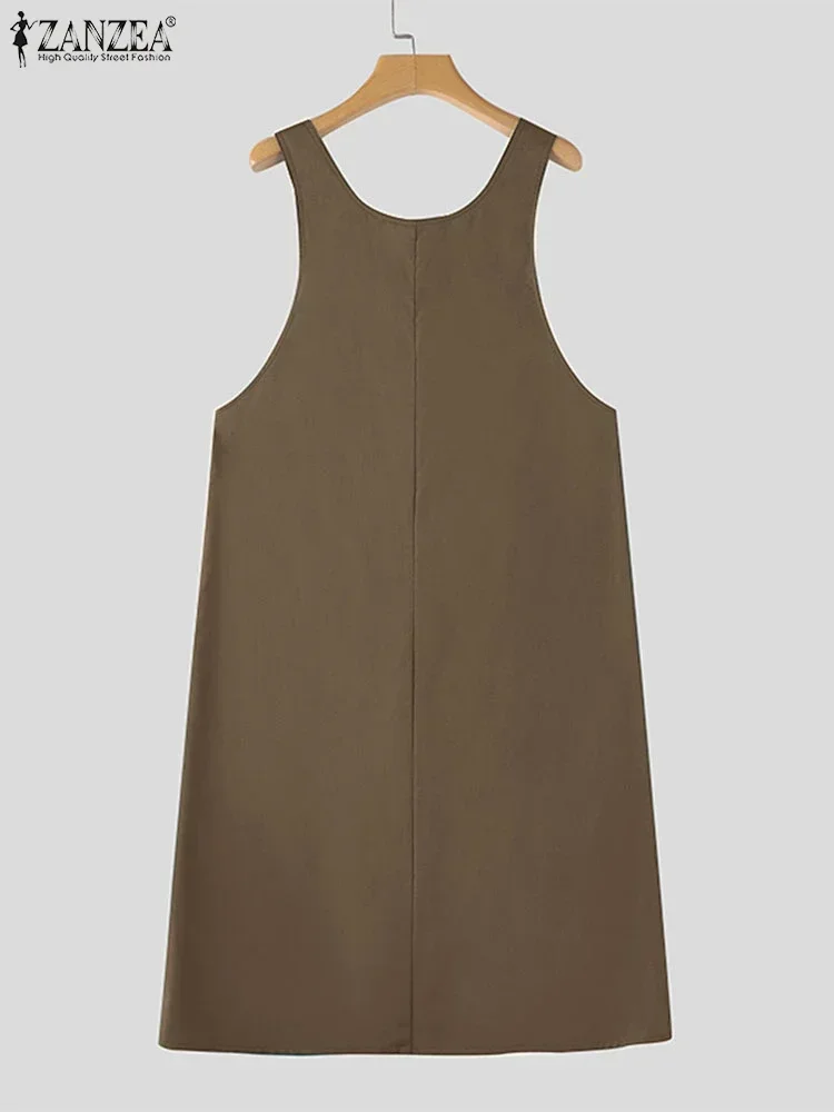 ZANZEA Women Summer Tank Long Dress 2025 Sleeveless Pockets Robe Casual Loose Adjust Suspender Sundress Fashion Solid Midi Dress