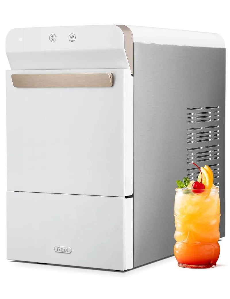 Ice Maker. Self-Cleaning Pellet Ice Machine, Open and Pour Water Refill, Stainless Steel Housing | White