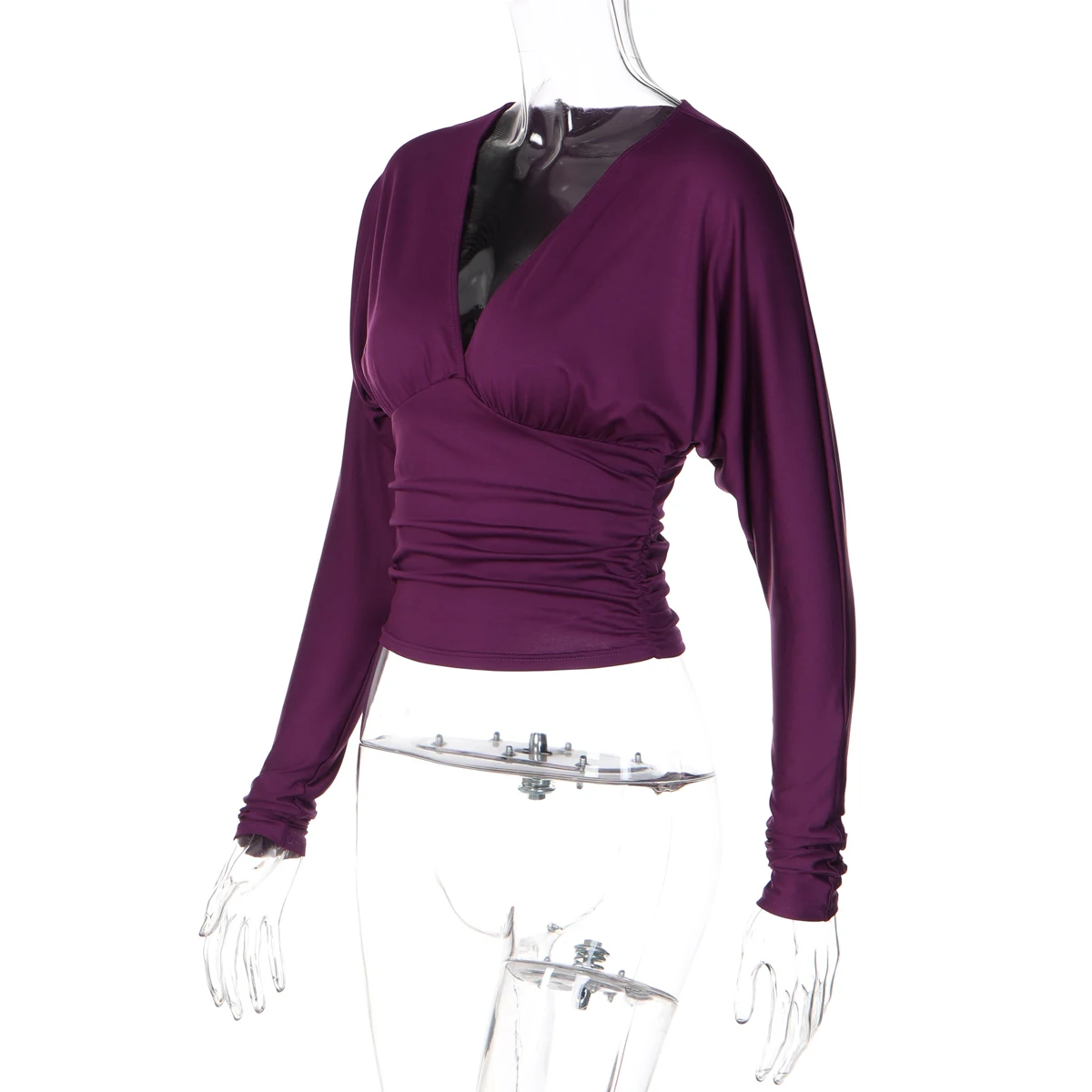 Hugcitar Damenmode V-Ausschnitt Dunkelvioles Langarm Gerafftes Sexy Crop T-Shirt Herbst Winter Kleidung Streetwear Party Club Tees – Detail 3