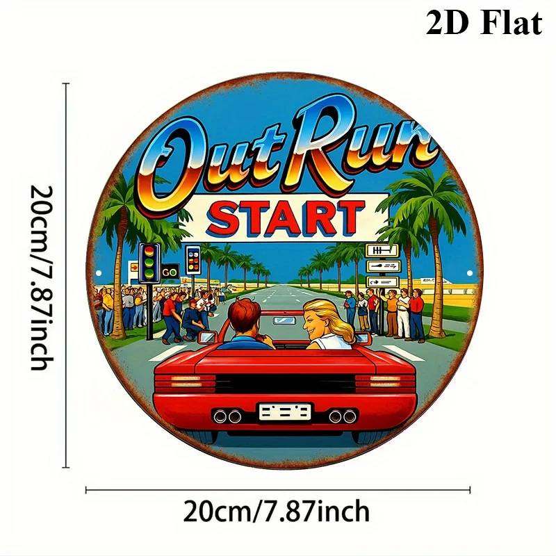 Round Aluminum Sign, Featuring Retro Decor Related to The 'Out Run' Arcade Game, with a Racing Theme, Suitable for Decorating
