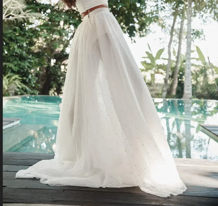 Gonna per abito da sposa staccabile con dettaglio di perle di tulle a-line personalizzata