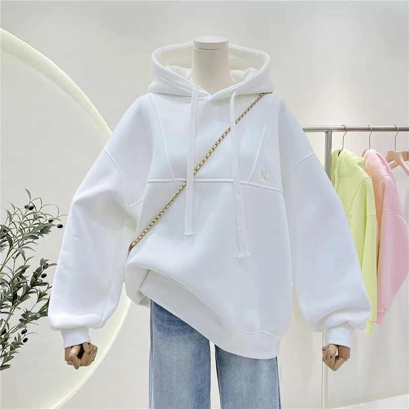 Hoodies Women Hooded Plus Velvet Thicken Loose Letter Embroidery Leisure Outwear Students Simple Y2k Vintage Harajuku Korean Ins