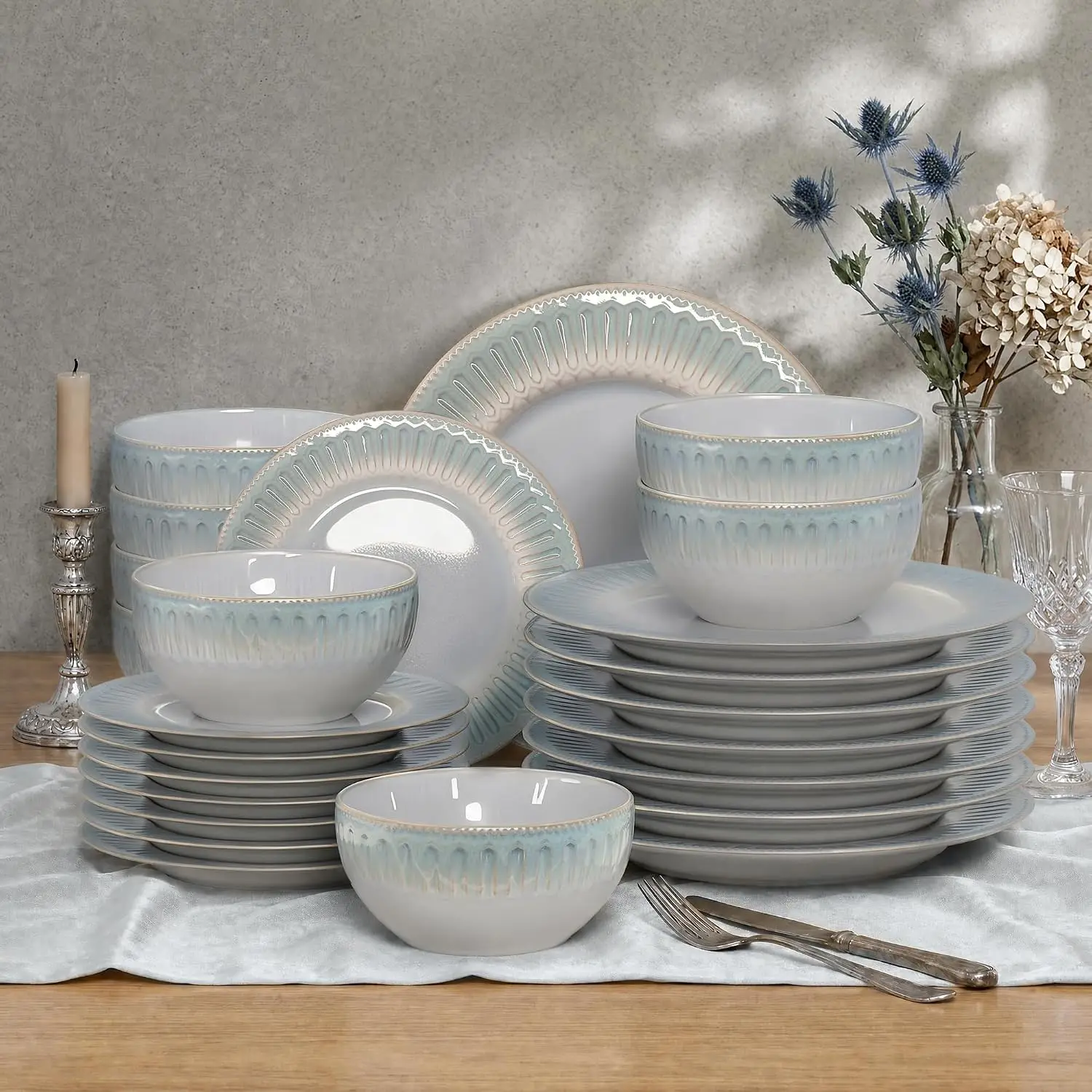 24-Piece Stoneware Dinnerware Sets for 8, Kitchen Ceramic Plates and Bowls Set Non Toxic, Blue Embossed Dishes