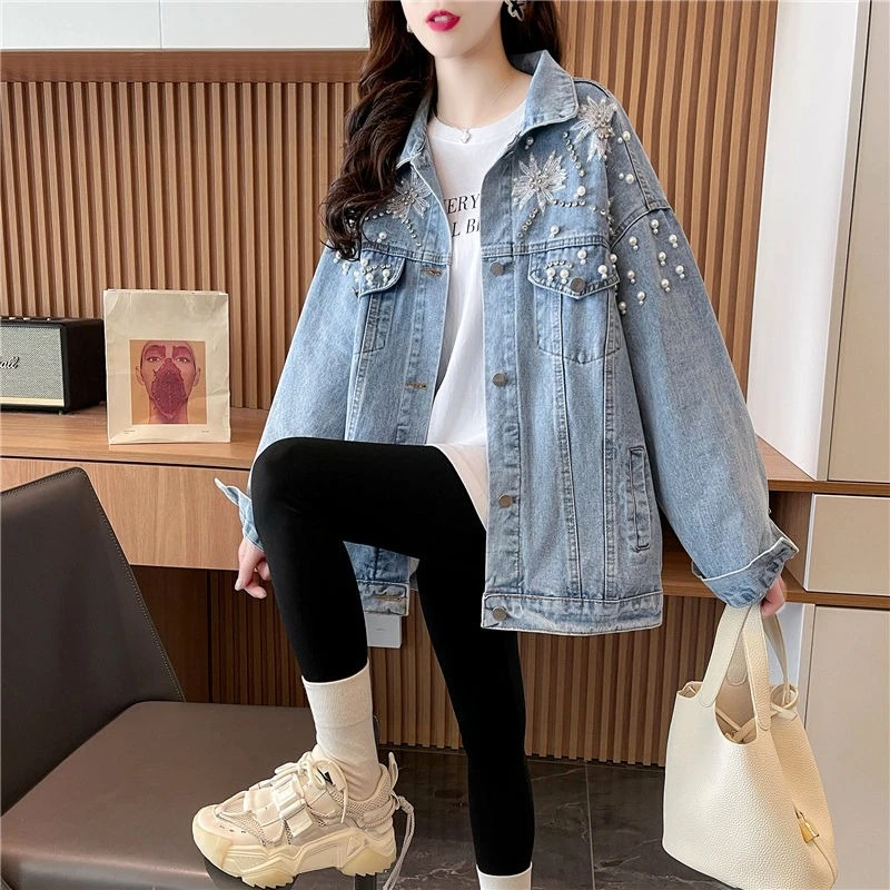 

Women's 2025 New Spring Autumn Heavy Detail Printed Denim Jacket Fresh Charming Pearl Rhinestone Decoration Stylish Casual Top