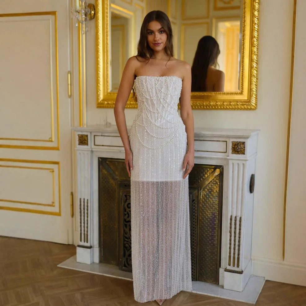 Abito da ballo di lusso con paillettes bianche Abito da ballo senza spalline Perle Perline Illusione Abito da spettacolo lungo da sera formale Compleanno Robe De Soriee