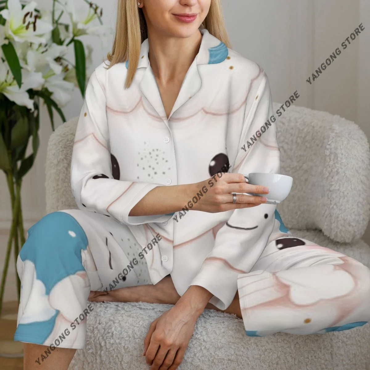 Conjunto de pijama de primavera y otoño para mujer, pantalones de manga larga, conjunto de muebles para el hogar con ilustración de unicornio bonito de dos piezas