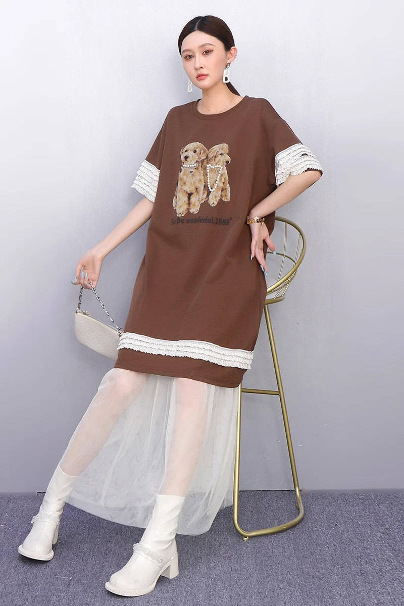 2025 sommer Neue Elegante Frauen Lose Oansatz Mesh Gedruckt T-shirts Lange Kleider Damen Kurzarm Kleid Großhandel J1228