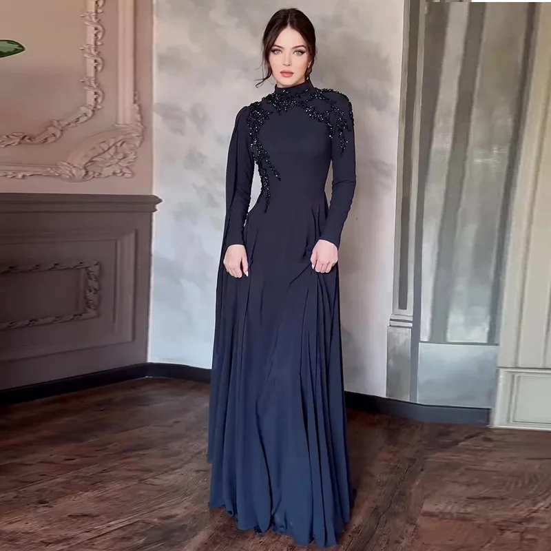 long sleeve arabic dress Elegant Women'S Mock Neck Long Sleeve Lace Long Arabic Dress Sequin Floor-Length Dress with Detachable Belt, Non-Positioning Cut Pieces