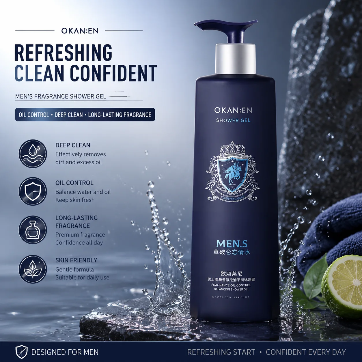 

Men's essential oil fragrance, oil control balance shower gel, deep cleaning, large capacity oil control shower gel