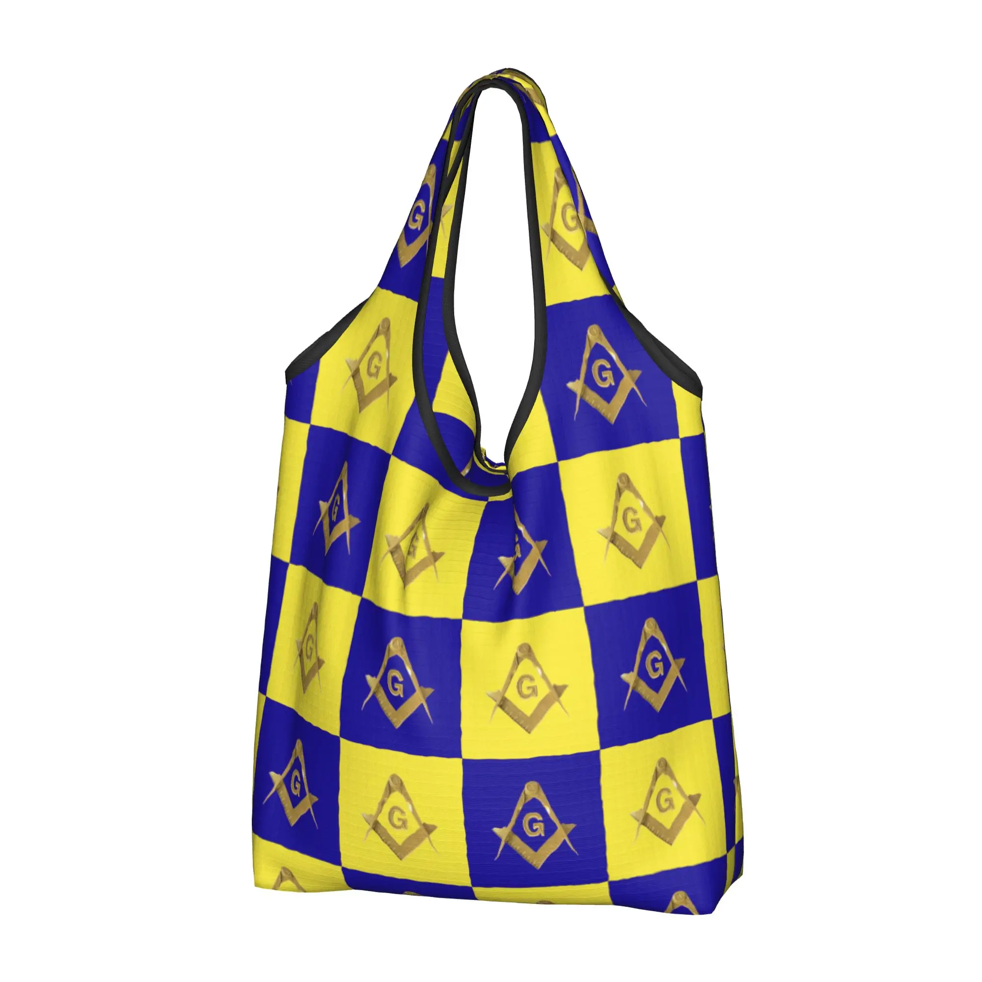 Reusable Freemason Gold Square Compass Masonic Shopping Bag Women Tote Bag Portable Checkered Plaid  Grocery Shopper Bags