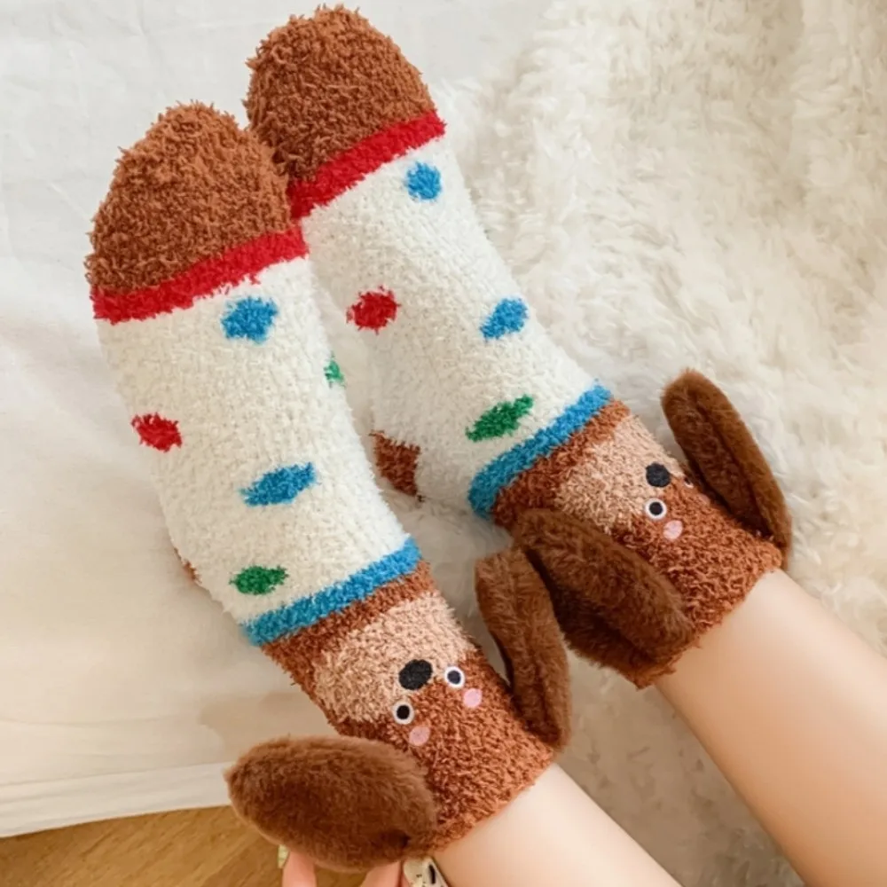 

Носки из кораллового флиса с милыми полосками и щенными ушками, носки для сна в горошек, мягкие теплые женские носки-тапочки