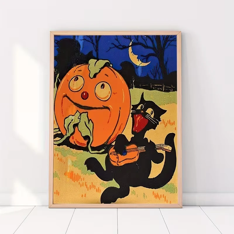 Retro Singing Black Cat On Halloween Night Wall Art Print Canvas Painting Poster Picture For Living Room,Bedroom Home Decor