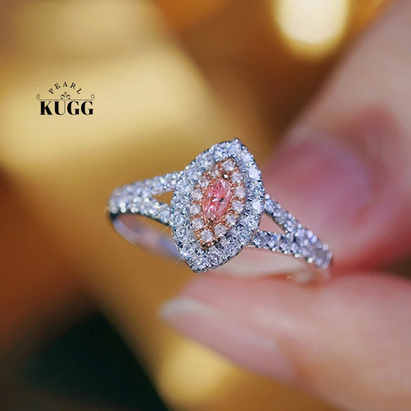 

KUGG 18K White Gold Rings Elegant Marquise Design 0.40carat Real Natural Pink Diamond Engagement Ring for Women Wedding Jewelry