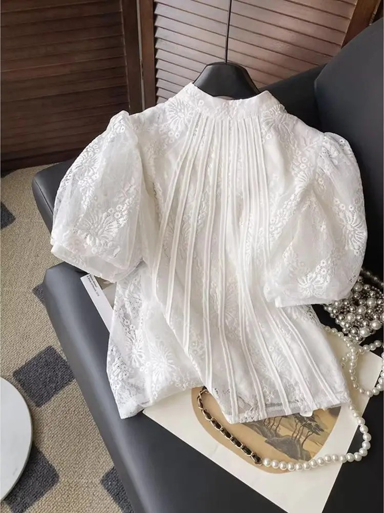 

Женская летняя блузка большого размера с вышивкой, цветочным узором, рукавами-фонариками, воротником-стойкой, в корейском стиле, дышащая, удобная, повседневная