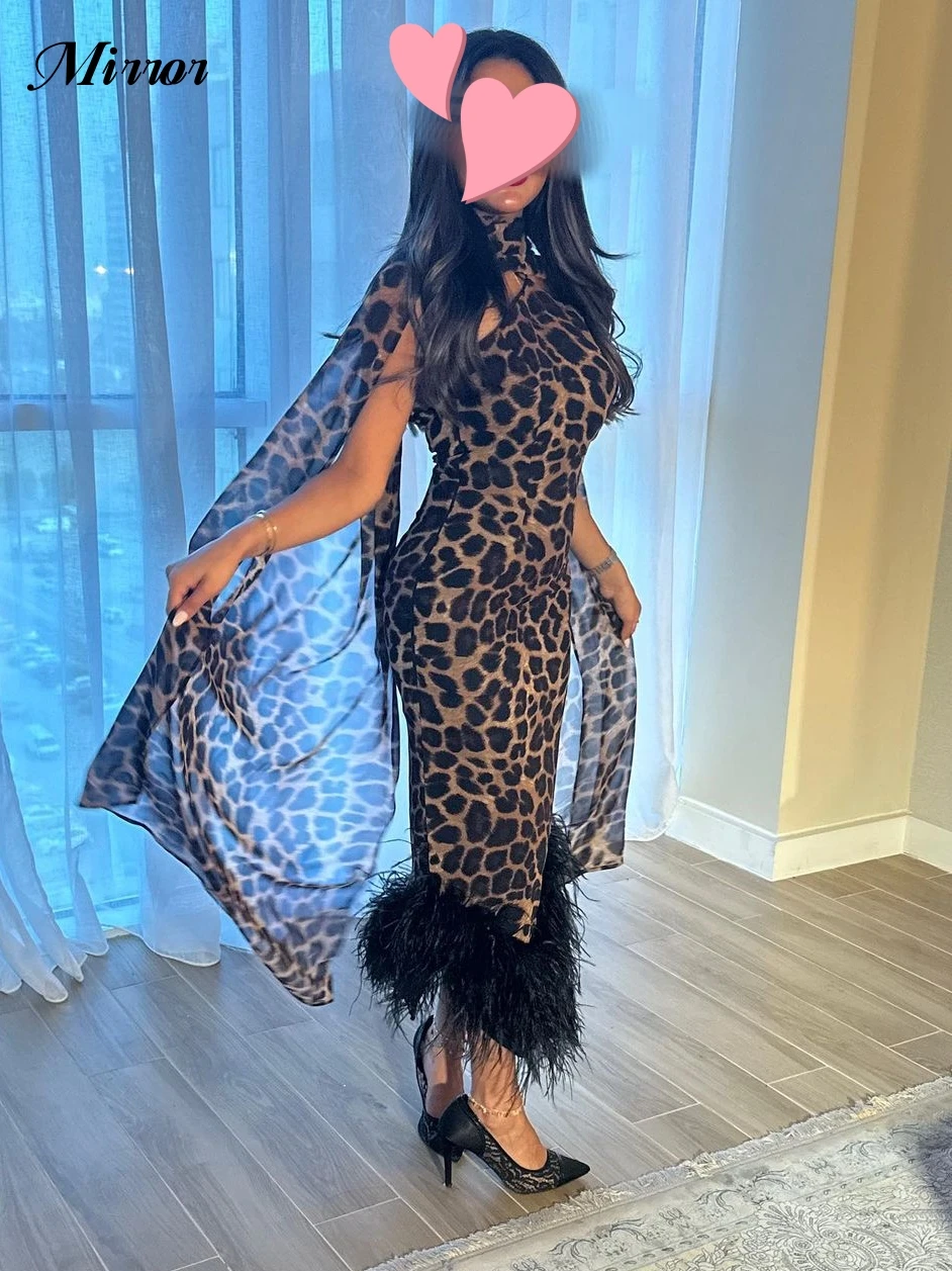 Mirror Dress Elegant Vintage Sexy Leopard Print Feathers Ribbon Customize Formal Occasion Prom Dress Evening Party Gowns