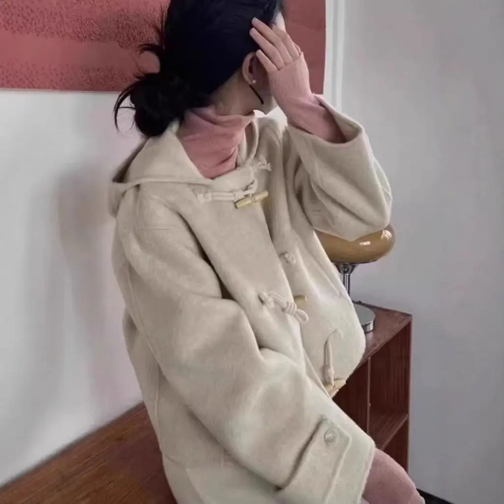 

Women's Pink Small Hooded Double-Sided Wool Coat Casual Age-Reducing Short Outerwear for Autumn And Winter