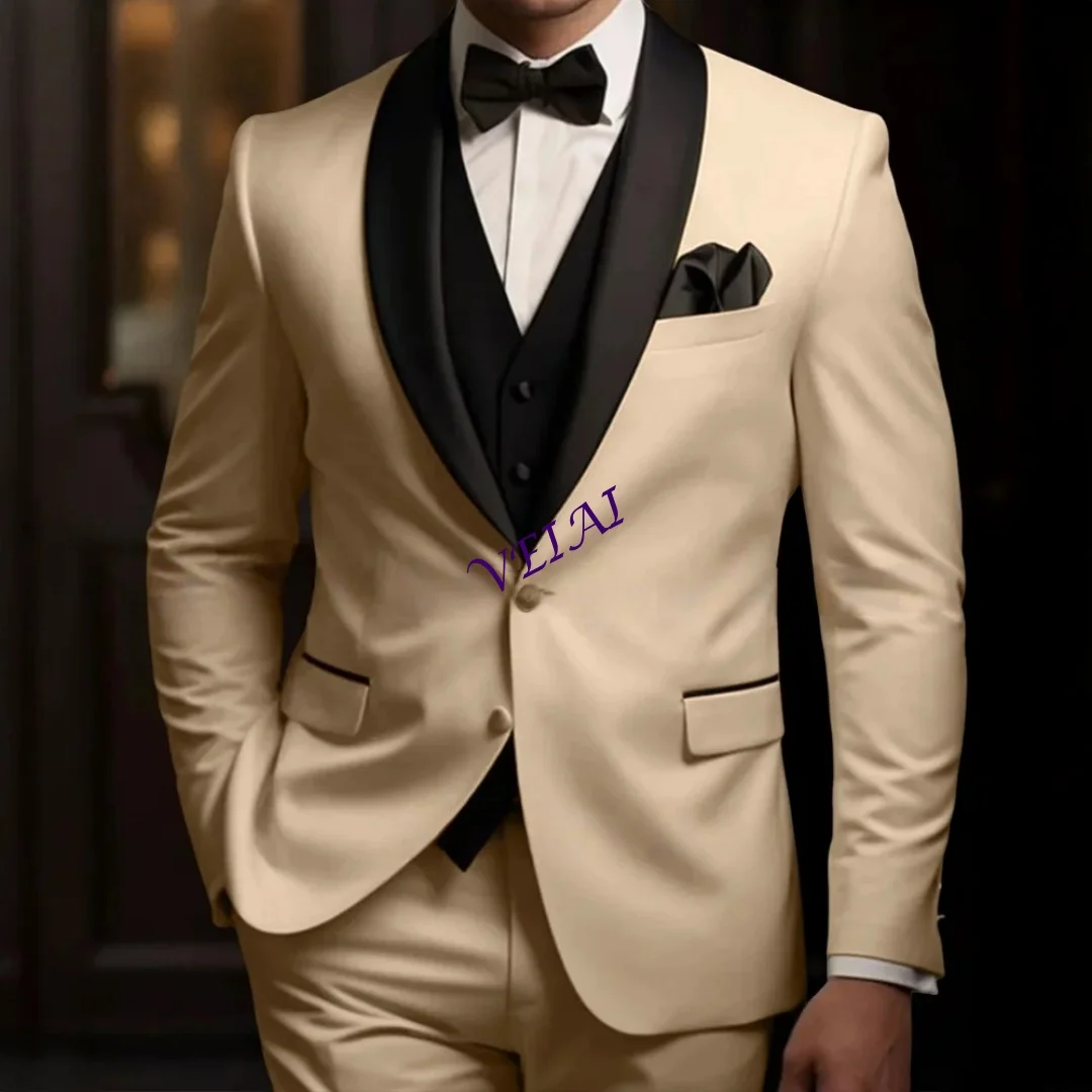 

Classic Men’s Off-white Suit 2 Piece Black Satin Shawl Lapel Jacket Vest Pants Slim Fit Set for Business Wedding PartyCustomize