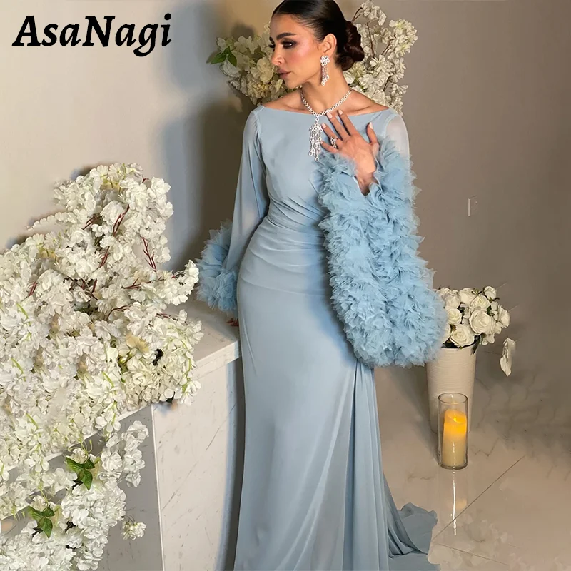 

AsaNagi Mermaid Chiffon Prom Dress Women's Boat Neck Backless Party Evening Gown Floor Length Long Sleeve Formal Occasion Gowns