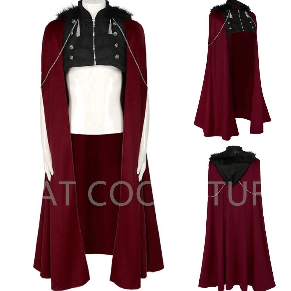 

Adult Gothic Long Cape Poncho Metal Chains Red Vampire Fur Hooded Cloak Steampunk Darcula Cosplay Halloween Medieval Outfit