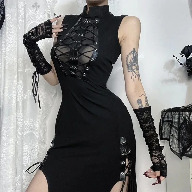 

Retro Dark Sweet Sheer Patchwork Sleeveless Maxi Dress Y2K Grunge Bandage Hem Split Dresses Women Streetwear Mall Gothic Outfits