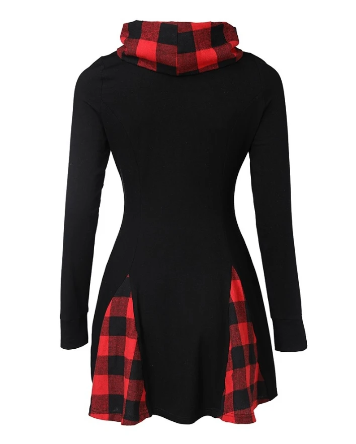 Red Black Contrasting Checkered Pattern Funnel Neck Long Sleeved Short Skirt with Casual Design New Fashionable Slim Fit Dress