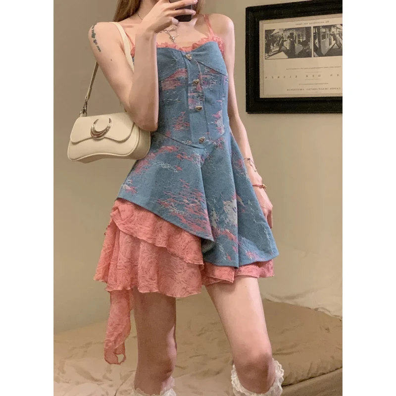 

Korean Fashion Irregular Spliced Camis Waist Slim Summer New Design Sense Chic Contrast Color Denim Midi A-Line Sexy Fairy Dress