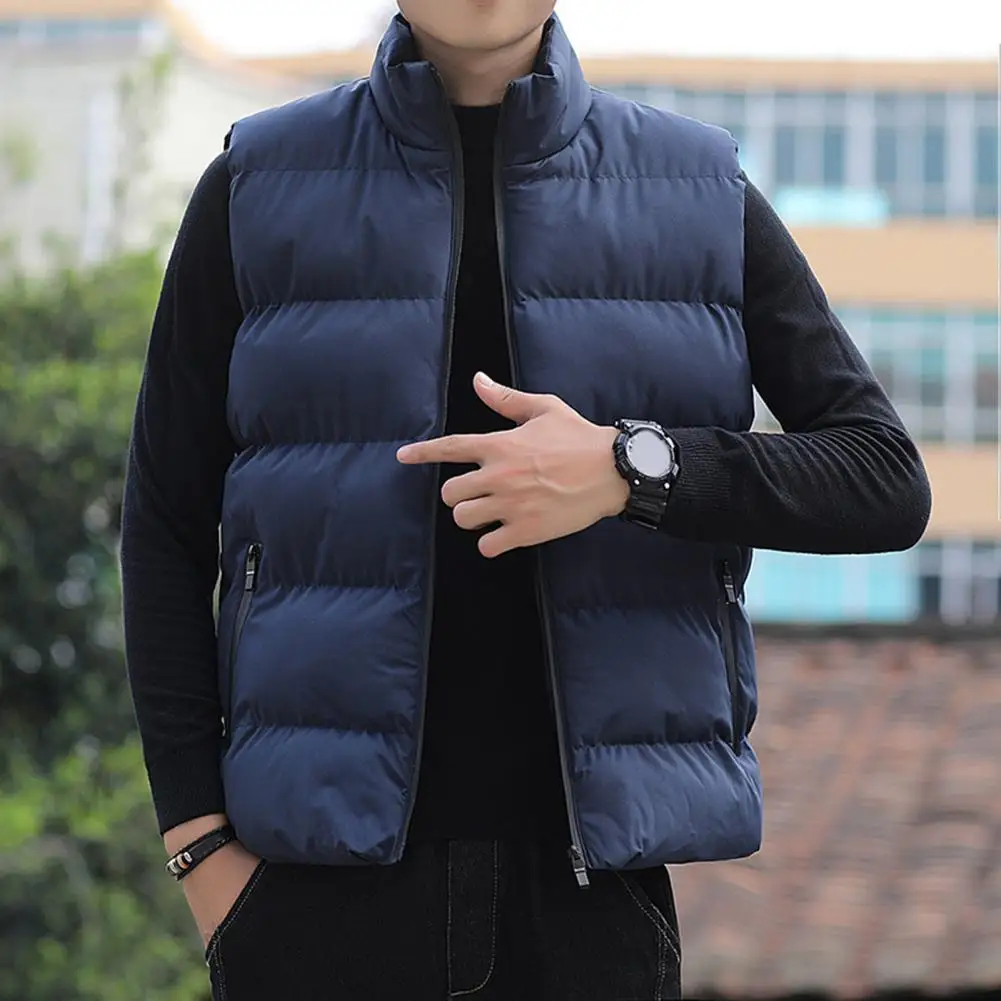 

Men Waistcoat Stand Collar Sleeveless Slim Fit Vest Coat With Pockets Solid Color Zipper Closure Windproof Quilted Waistcoat