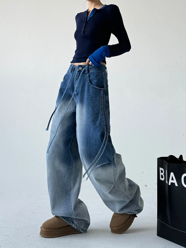 American Retro Color Blo Dstring Loose Straight Leg Jeans Women Winter Street Sle Long Trousers High Waist Cotton Stre...