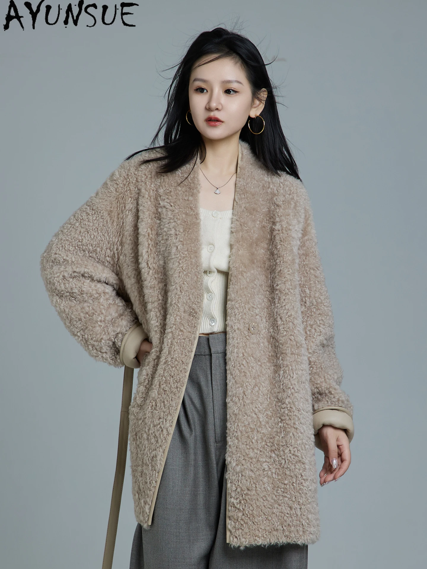 AYUNSUE 本革ジャケット女性天然シープスキンファーコート女性リアルファーコートミッドレングス冬服 2025 Шуба Женская