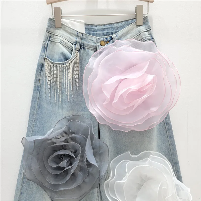 European and American Style Large Flower Jeans Women High Waist New Hip Covering Wide-leg Denim Pants Spring 2025