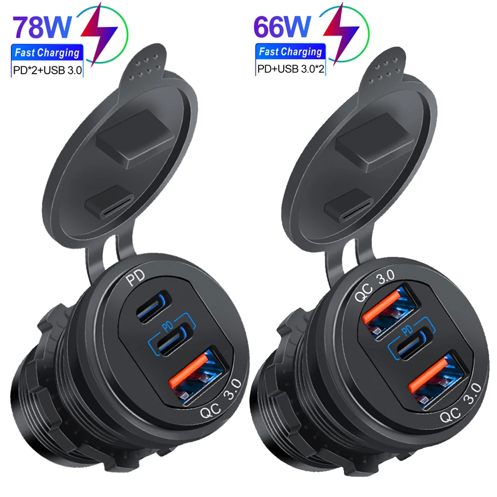 12V/24V USB Car Charger Socket PD & QC3.0 Type-c Ports Aluminum alloy Waterproof with LED 78W/66W Fast Charging Car Moto Adapter