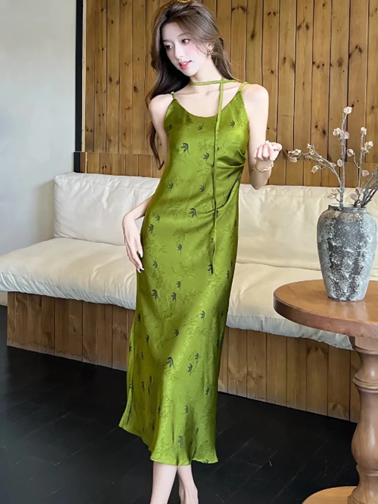 レディース グリーン プリント サテン シック スリング セクシー ロングドレス サマー プリーツ ボディコン ラグジュアリー ドレス 2025 韓国 ヴィンテージ エレガント イブニングドレス