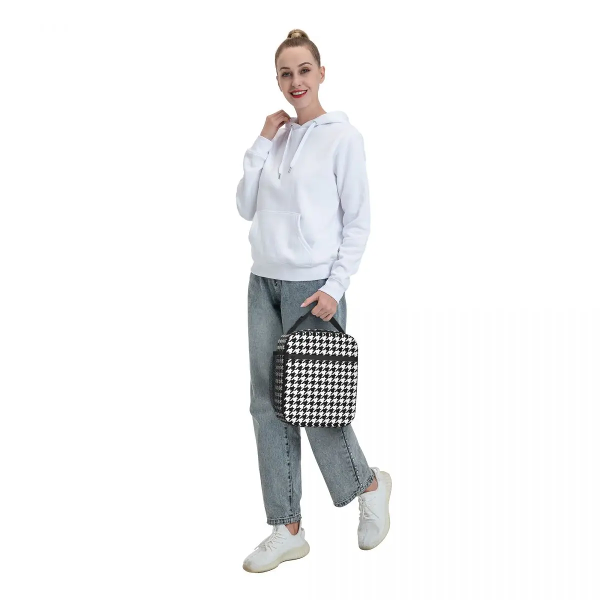 Modern Black White Houndstooth Insulated Lunch Bags for Outdoor Picnic Geometric Resuable Thermal Cooler Lunch Box Women Kids