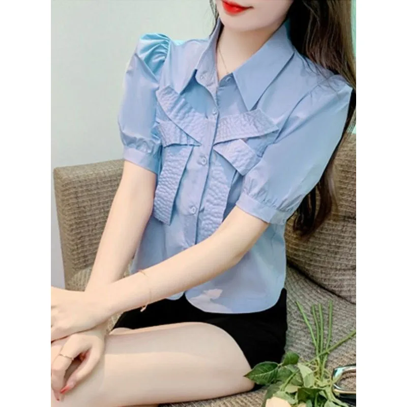 2024 Summer New Women's Blouse Solid Color Polo-Neck Button Spliced Bow Fashion Sweet Loose Puff Sleeve All-match Shirt Tops
